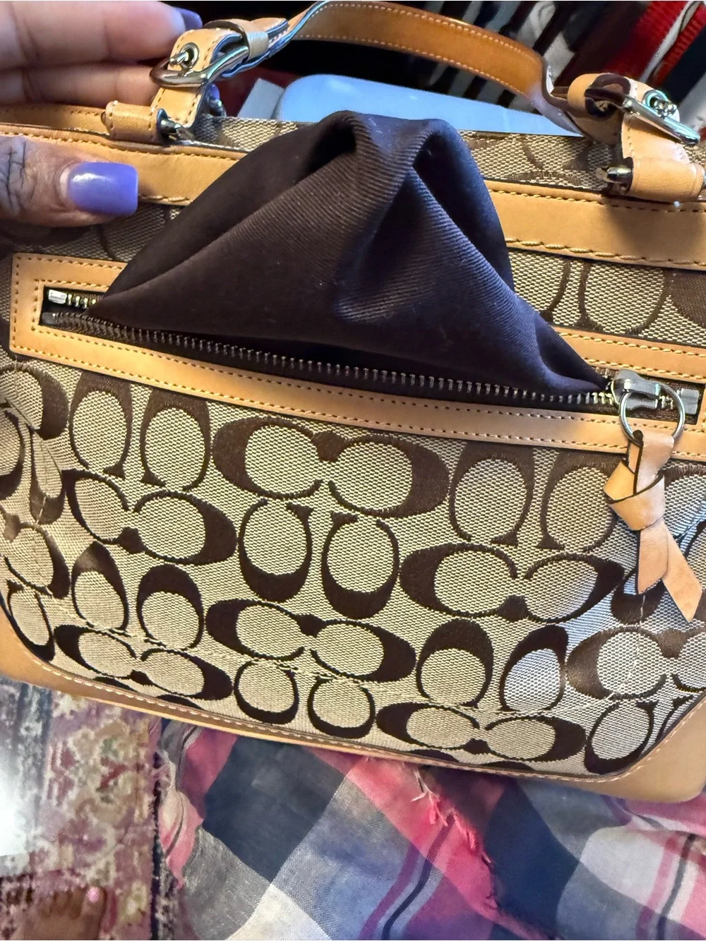 Coach Hamptons Vintage Signature Tote Bag Brown Jacquard Canvas Tan Leather